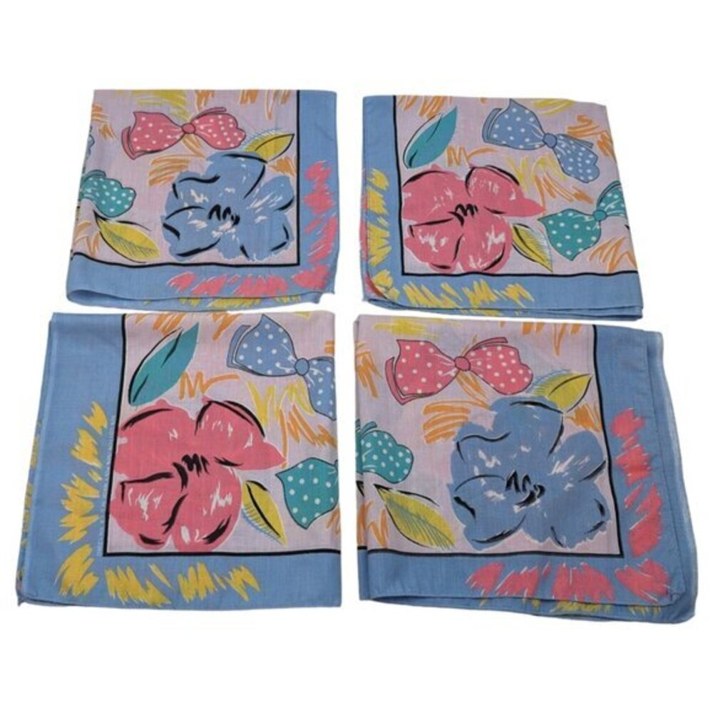 Vintage 80s Pink Blue Floral Bow Headband Bandana Made USA Cute Design 4 Pack